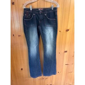 Y2K No Boundaries Flare Jeans Dark Wash Embroidered Red Stitch Juniors 7 Flaw